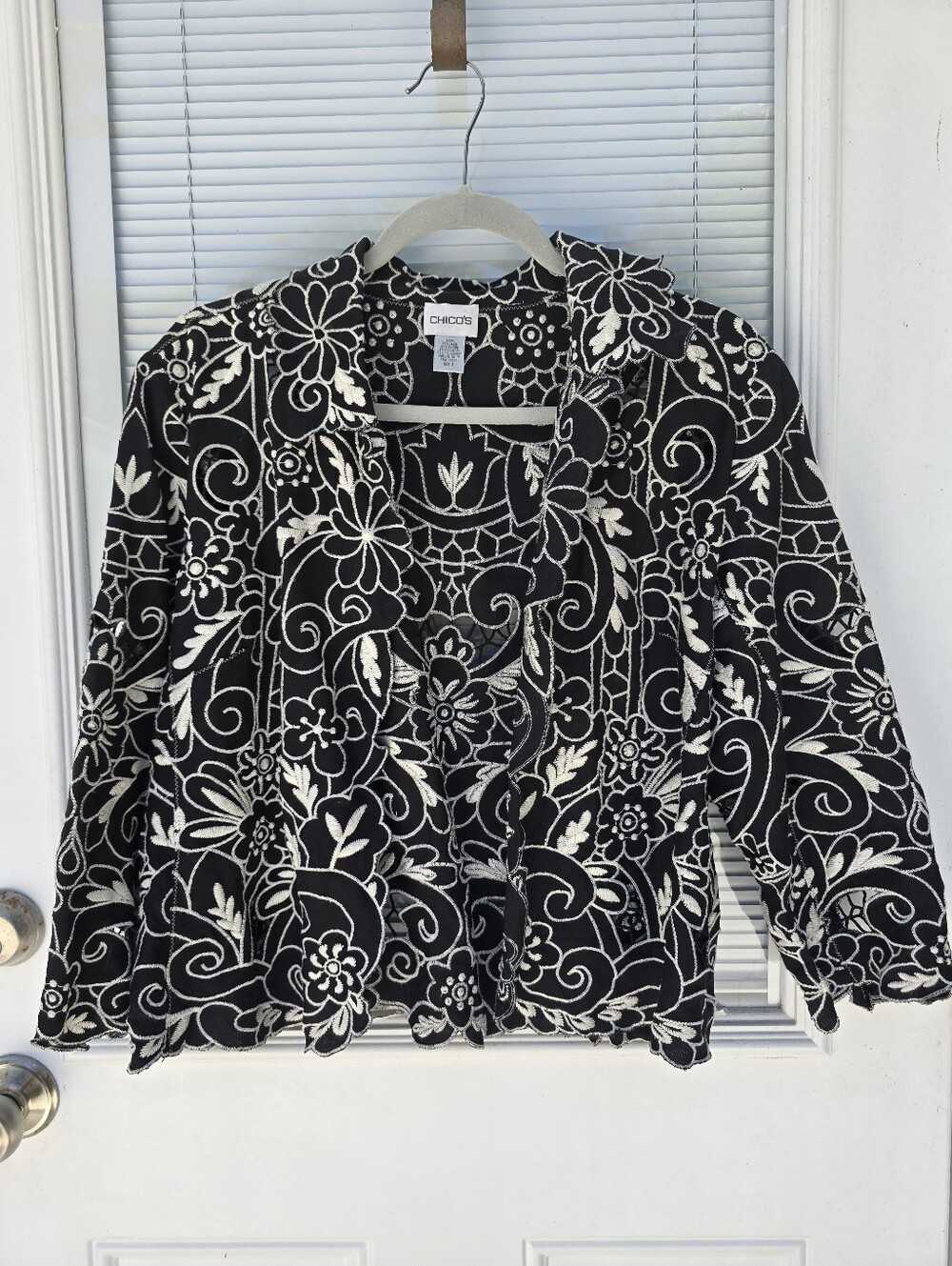 Chico's Black and White Floral Embroidered Open-Front Jacket